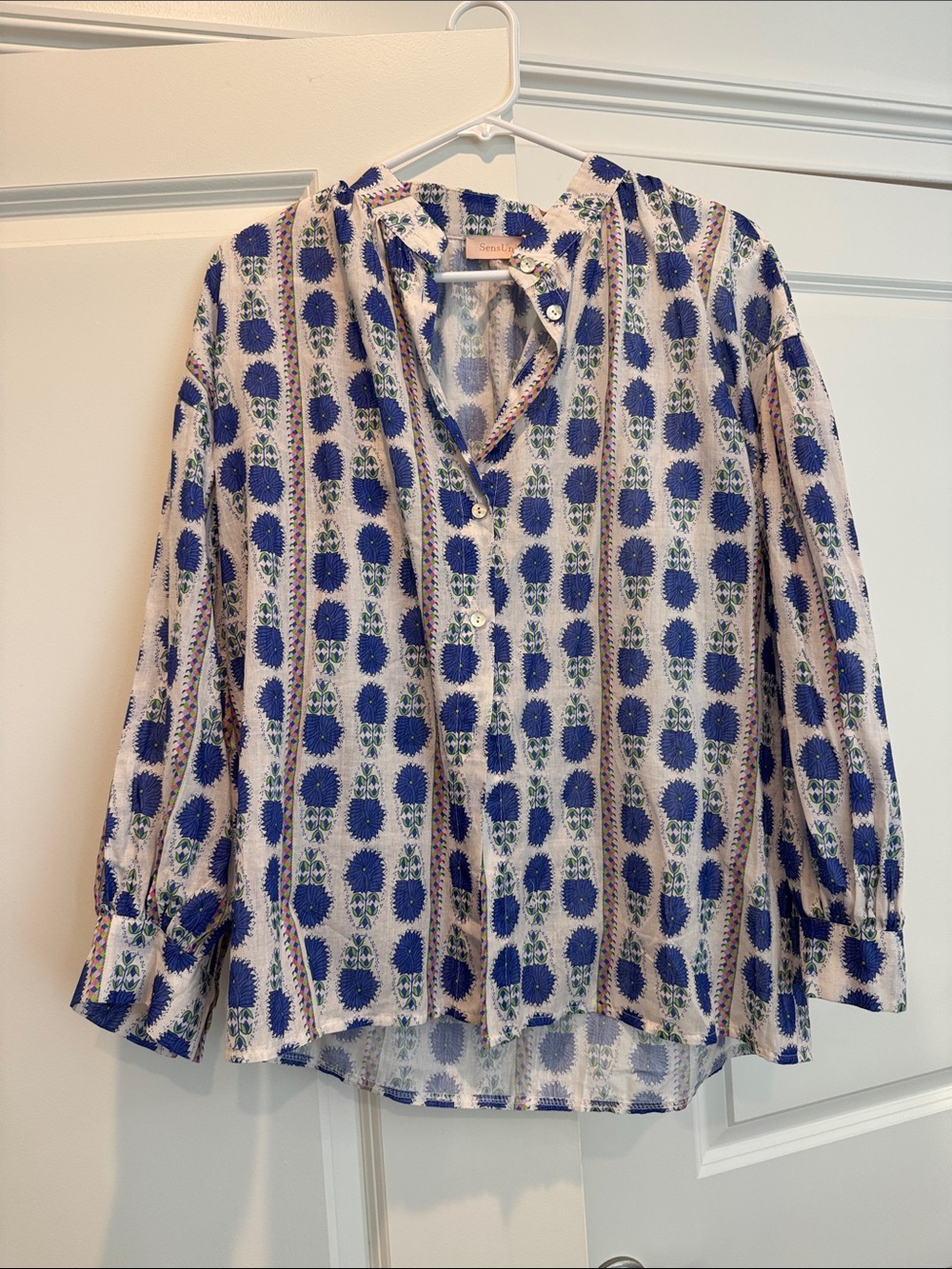 Sezane Blue and White Floral Button-Front Cotton Top